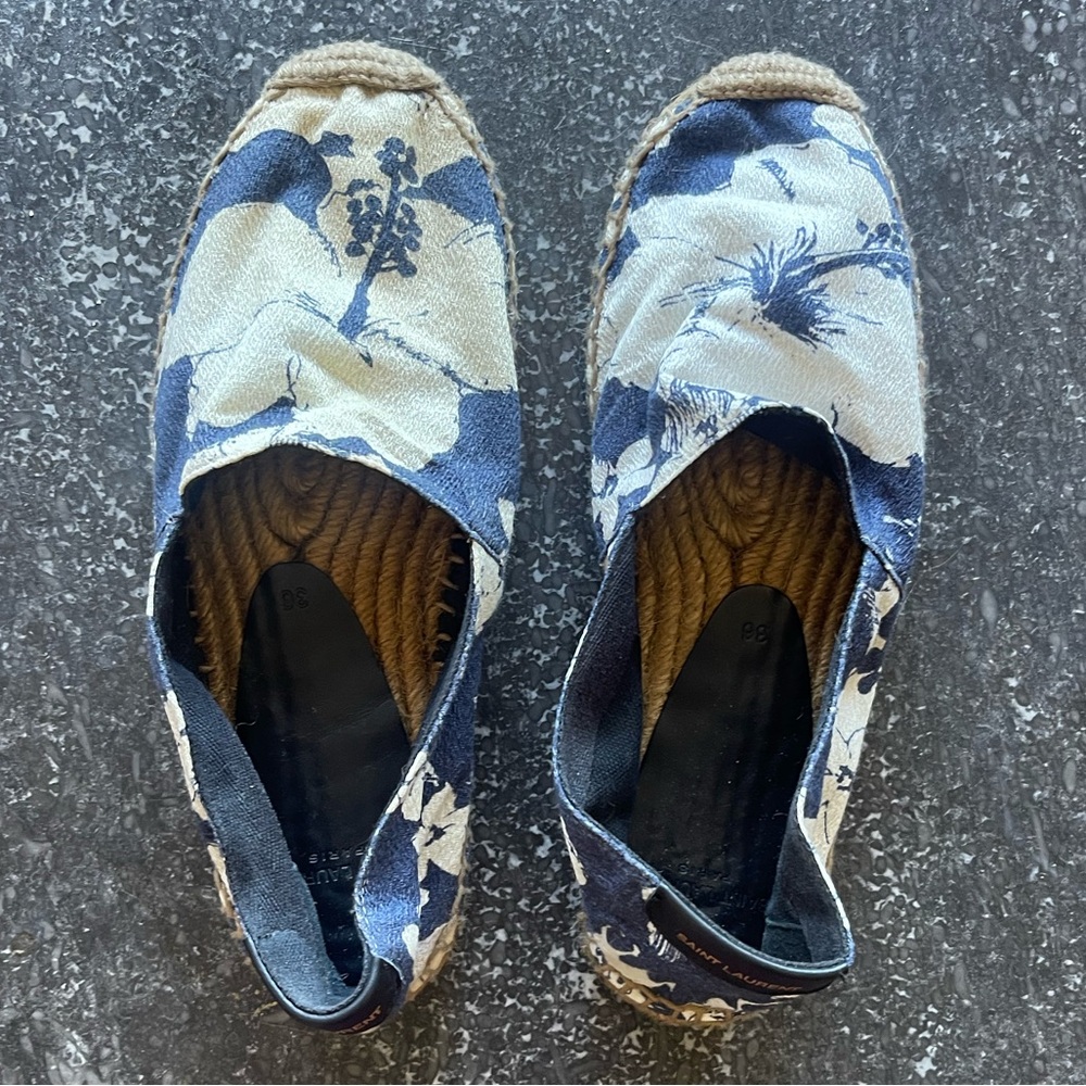 Saint Laurent Hibiscus Floral Cotton Espadrilles, Sz 36